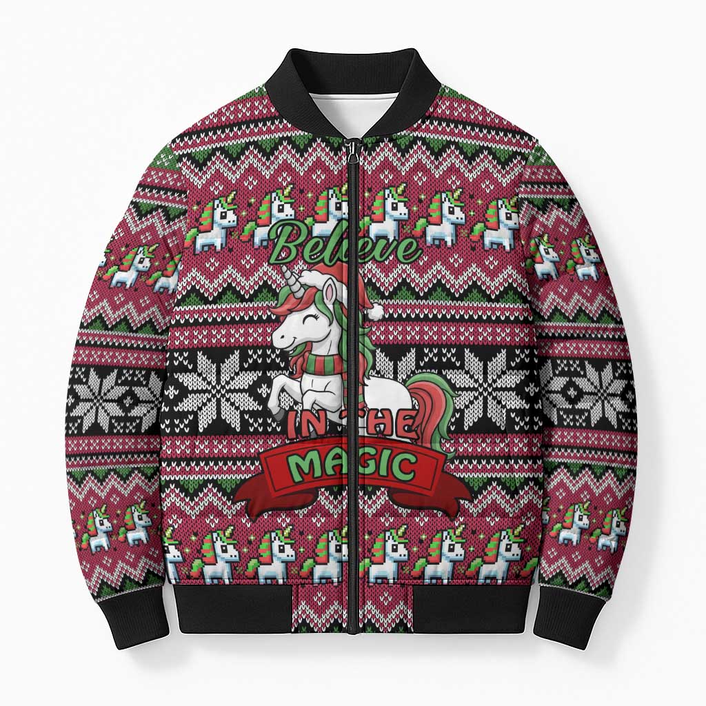 Unicorn Believe In The Magic Christmas Bomber Puffer Jacket Xmas Holiday Patterns - Wonder Print Shop