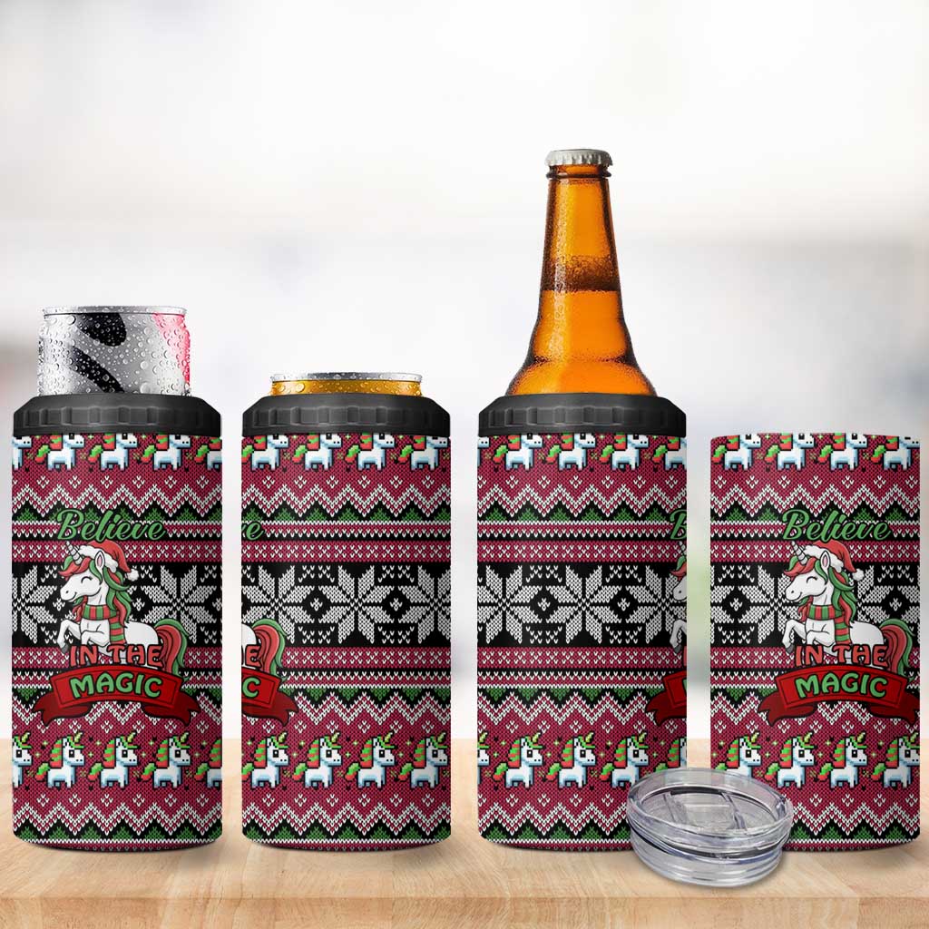 Unicorn Believe In The Magic Christmas 4 in 1 Can Cooler Tumbler Xmas Holiday Patterns - Wonder Print Shop