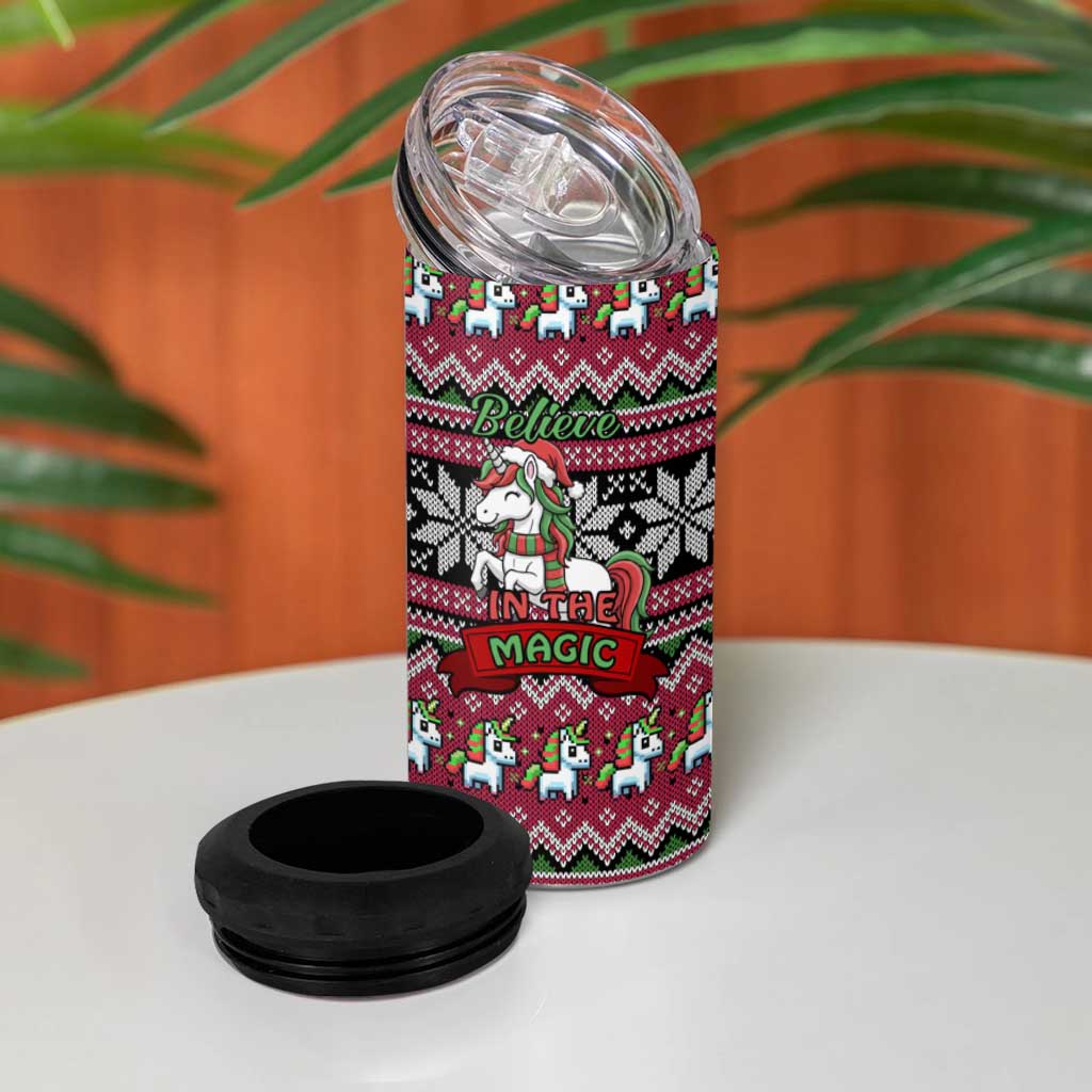 Unicorn Believe In The Magic Christmas 4 in 1 Can Cooler Tumbler Xmas Holiday Patterns - Wonder Print Shop