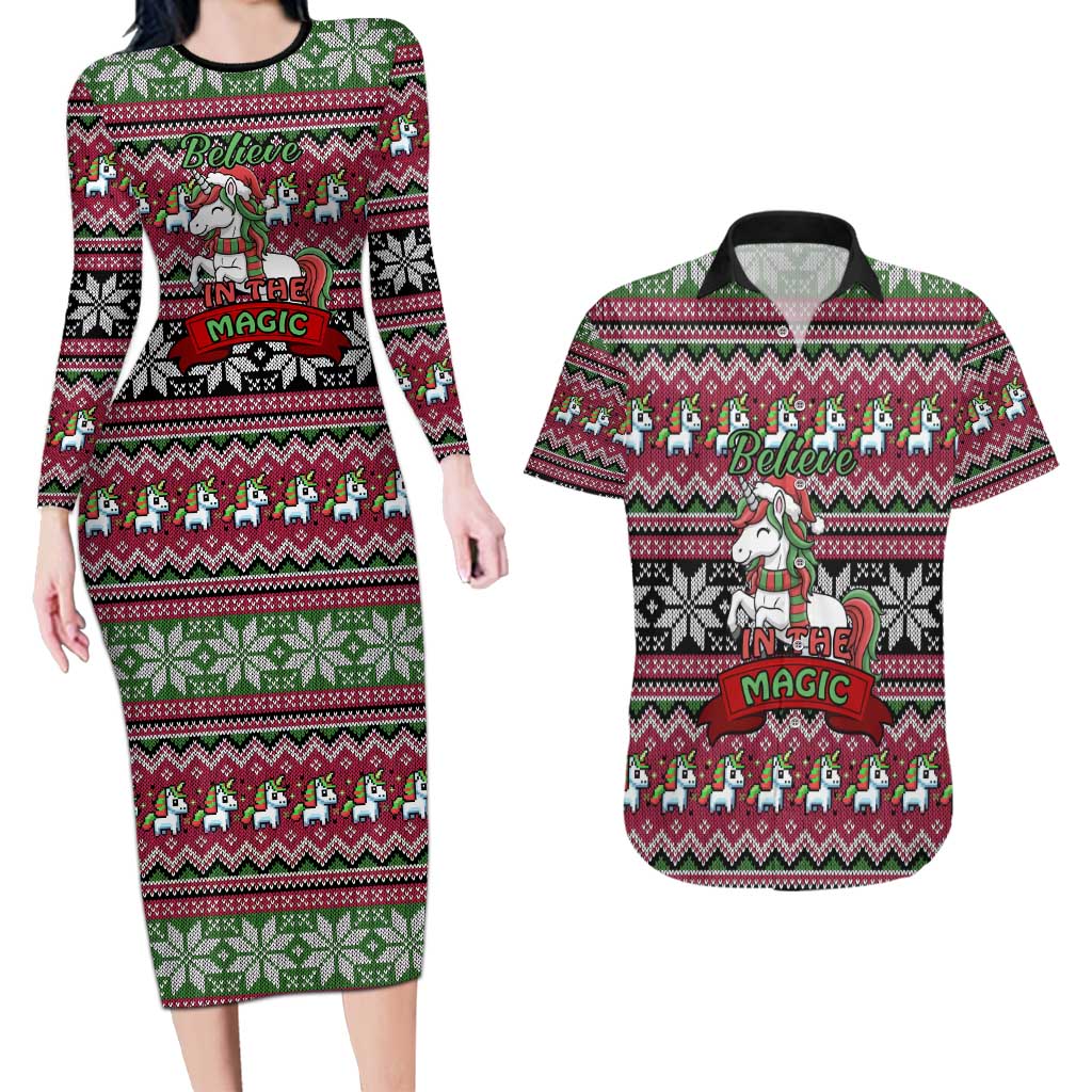 Unicorn Believe In The Magic Christmas Couples Matching Long Sleeve Bodycon Dress and Hawaiian Shirt Xmas Holiday Patterns - Wonder Print Shop