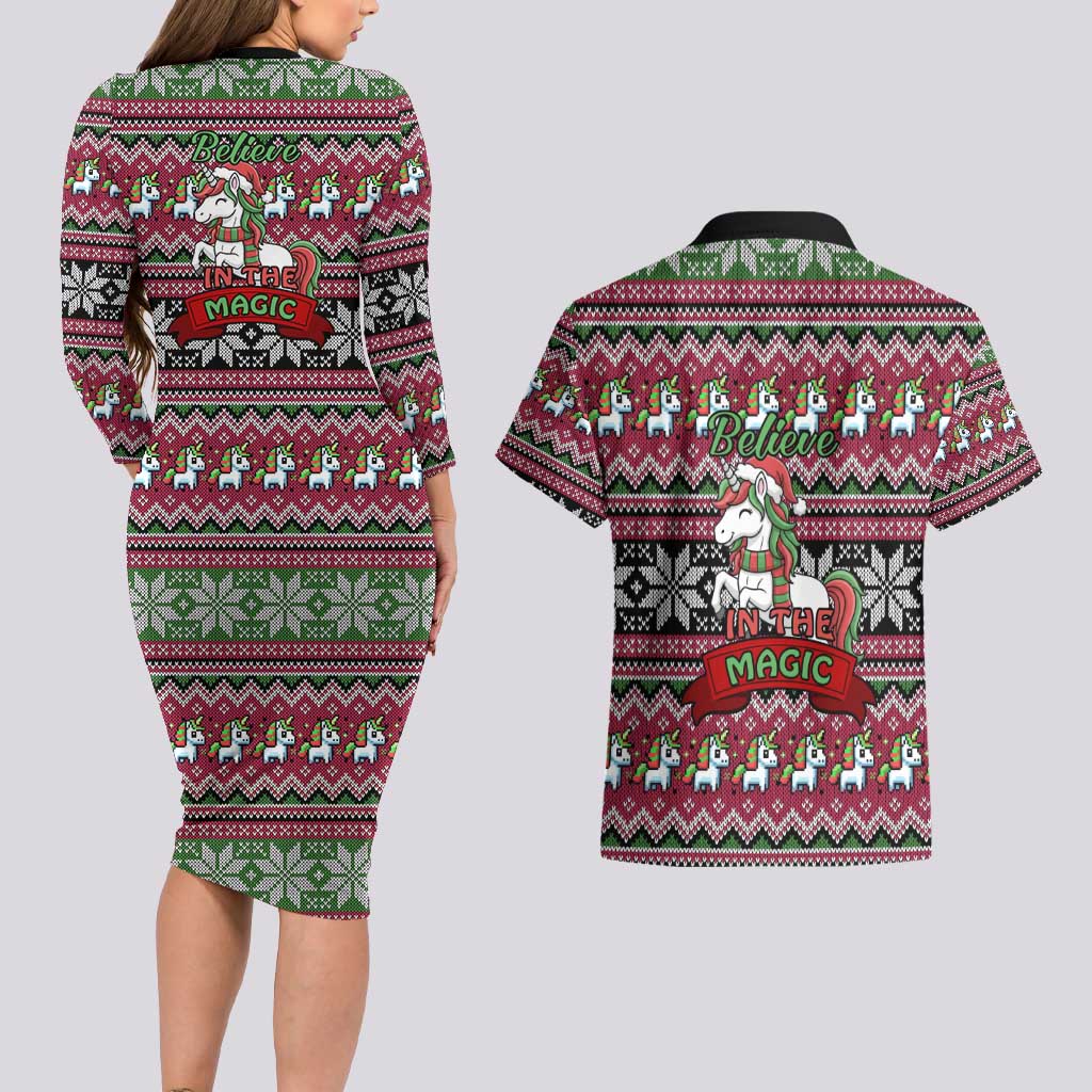 Unicorn Believe In The Magic Christmas Couples Matching Long Sleeve Bodycon Dress and Hawaiian Shirt Xmas Holiday Patterns - Wonder Print Shop