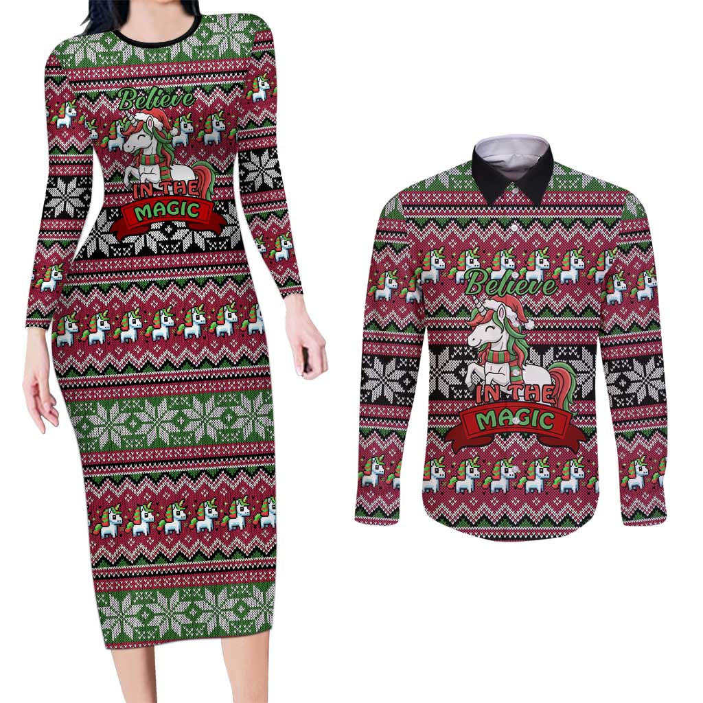 Unicorn Believe In The Magic Christmas Couples Matching Long Sleeve Bodycon Dress and Long Sleeve Button Shirt Xmas Holiday Patterns - Wonder Print Shop