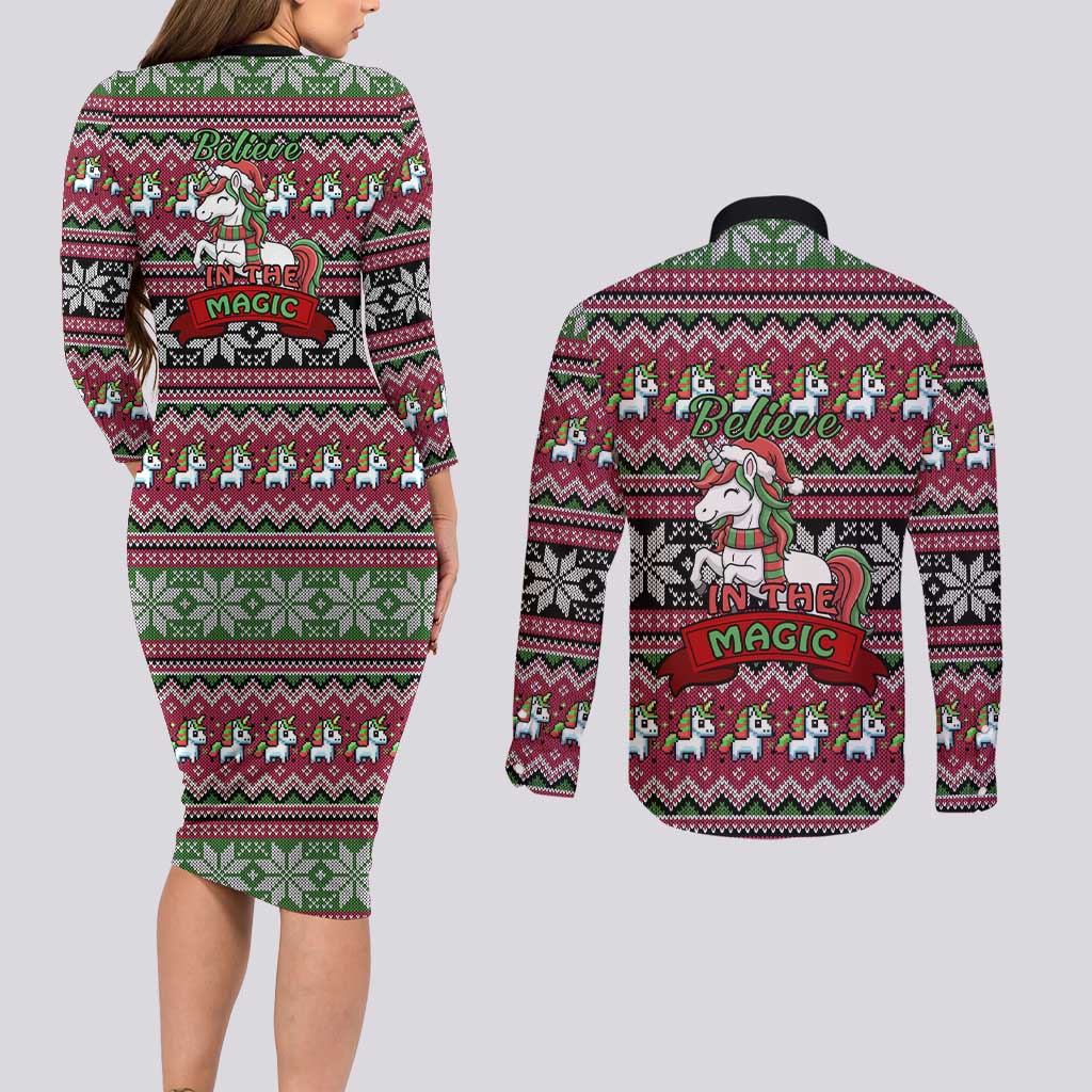 Unicorn Believe In The Magic Christmas Couples Matching Long Sleeve Bodycon Dress and Long Sleeve Button Shirt Xmas Holiday Patterns - Wonder Print Shop