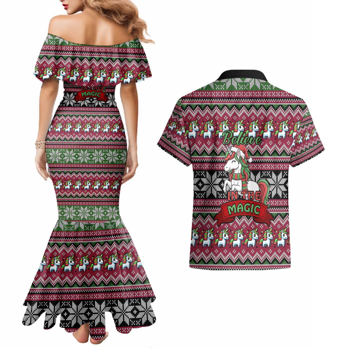 Unicorn Believe In The Magic Christmas Couples Matching Mermaid Dress and Hawaiian Shirt Xmas Holiday Patterns - Wonder Print Shop