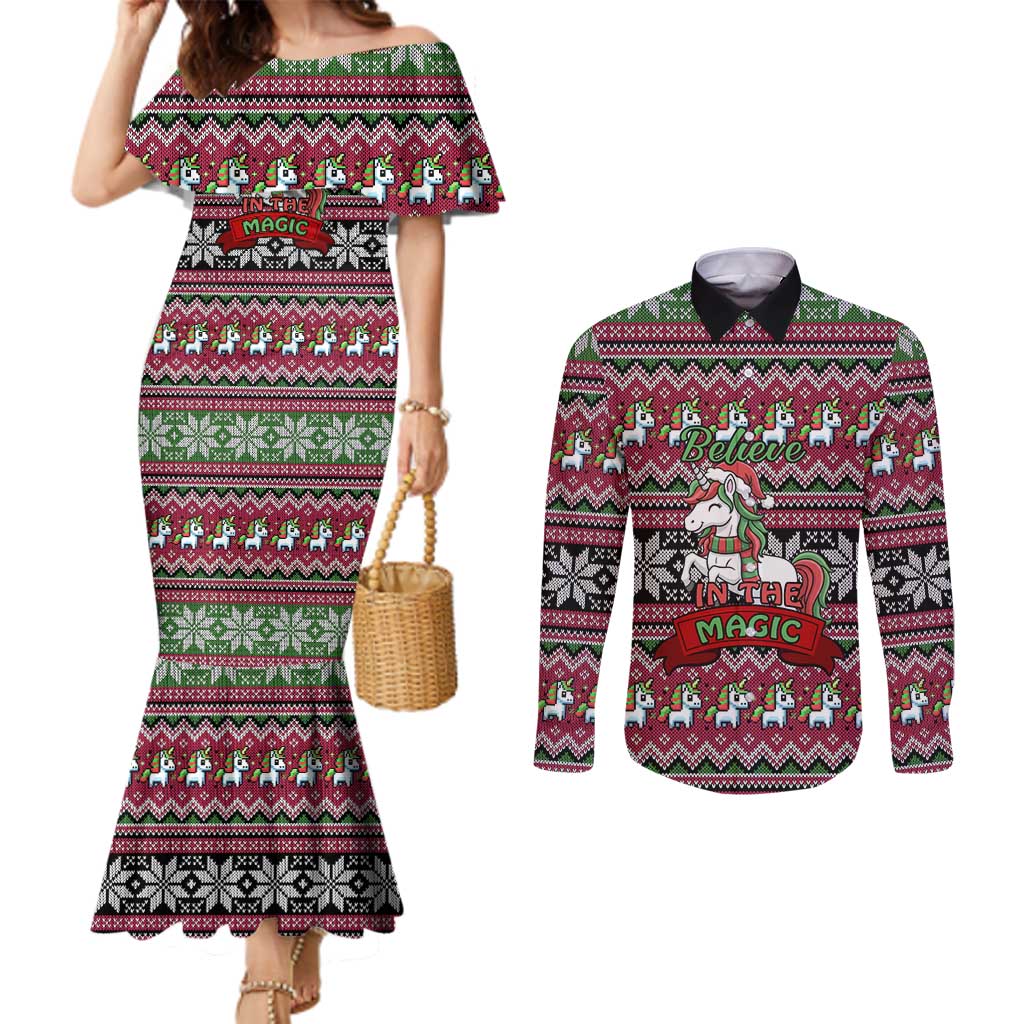 Unicorn Believe In The Magic Christmas Couples Matching Mermaid Dress and Long Sleeve Button Shirt Xmas Holiday Patterns - Wonder Print Shop