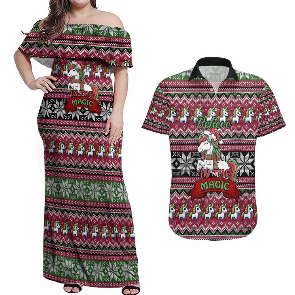 Unicorn Believe In The Magic Christmas Couples Matching Off Shoulder Maxi Dress and Hawaiian Shirt Xmas Holiday Patterns - Wonder Print Shop