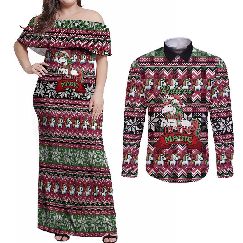 Unicorn Believe In The Magic Christmas Couples Matching Off Shoulder Maxi Dress and Long Sleeve Button Shirt Xmas Holiday Patterns - Wonder Print Shop
