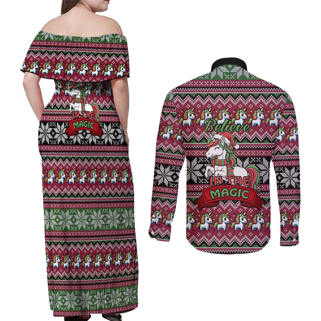 Unicorn Believe In The Magic Christmas Couples Matching Off Shoulder Maxi Dress and Long Sleeve Button Shirt Xmas Holiday Patterns - Wonder Print Shop