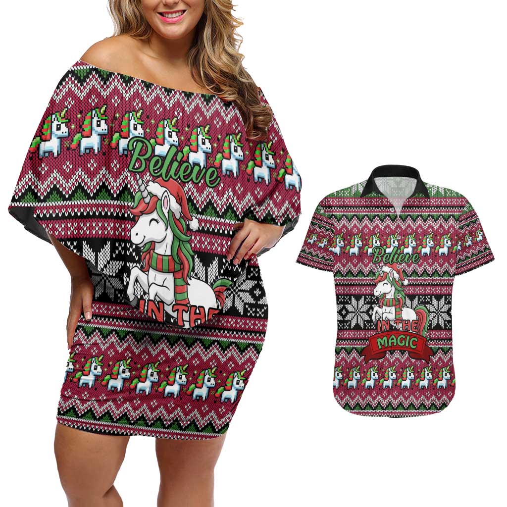 Unicorn Believe In The Magic Christmas Couples Matching Off Shoulder Short Dress and Hawaiian Shirt Xmas Holiday Patterns - Wonder Print Shop