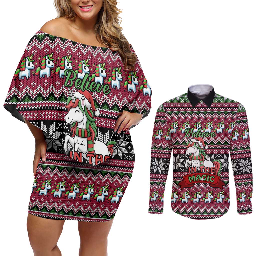 Unicorn Believe In The Magic Christmas Couples Matching Off Shoulder Short Dress and Long Sleeve Button Shirt Xmas Holiday Patterns - Wonder Print Shop