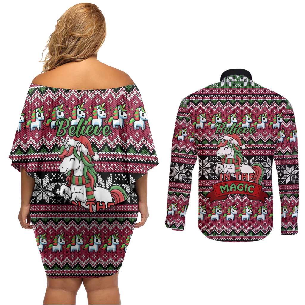 Unicorn Believe In The Magic Christmas Couples Matching Off Shoulder Short Dress and Long Sleeve Button Shirt Xmas Holiday Patterns - Wonder Print Shop