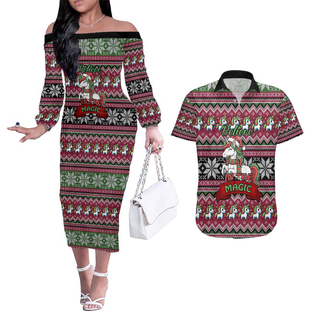 Unicorn Believe In The Magic Christmas Couples Matching Off The Shoulder Long Sleeve Dress and Hawaiian Shirt Xmas Holiday Patterns - Wonder Print Shop
