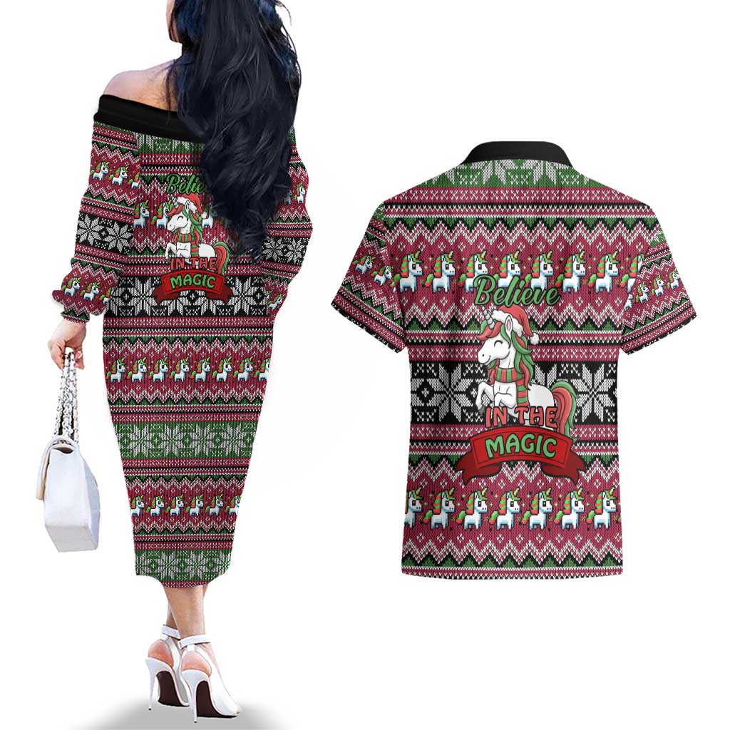 Unicorn Believe In The Magic Christmas Couples Matching Off The Shoulder Long Sleeve Dress and Hawaiian Shirt Xmas Holiday Patterns - Wonder Print Shop