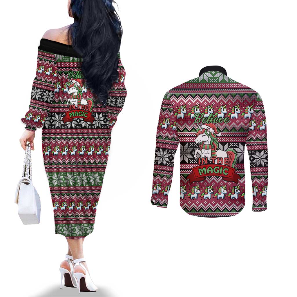 Unicorn Believe In The Magic Christmas Couples Matching Off The Shoulder Long Sleeve Dress and Long Sleeve Button Shirt Xmas Holiday Patterns - Wonder Print Shop