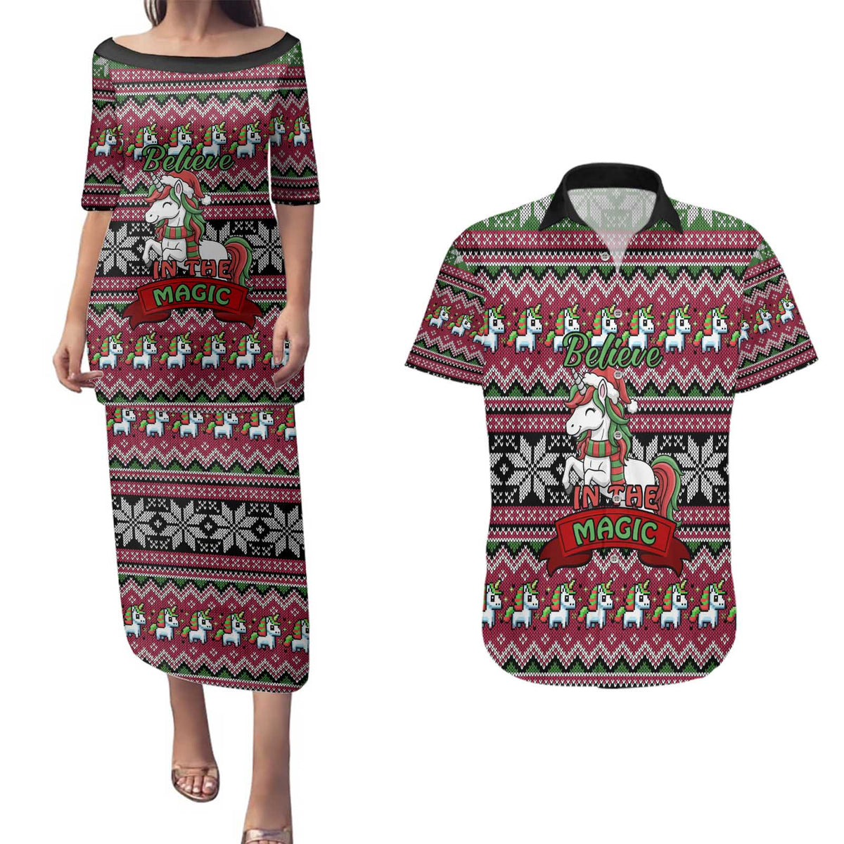 Unicorn Believe In The Magic Christmas Couples Matching Puletasi and Hawaiian Shirt Xmas Holiday Patterns - Wonder Print Shop