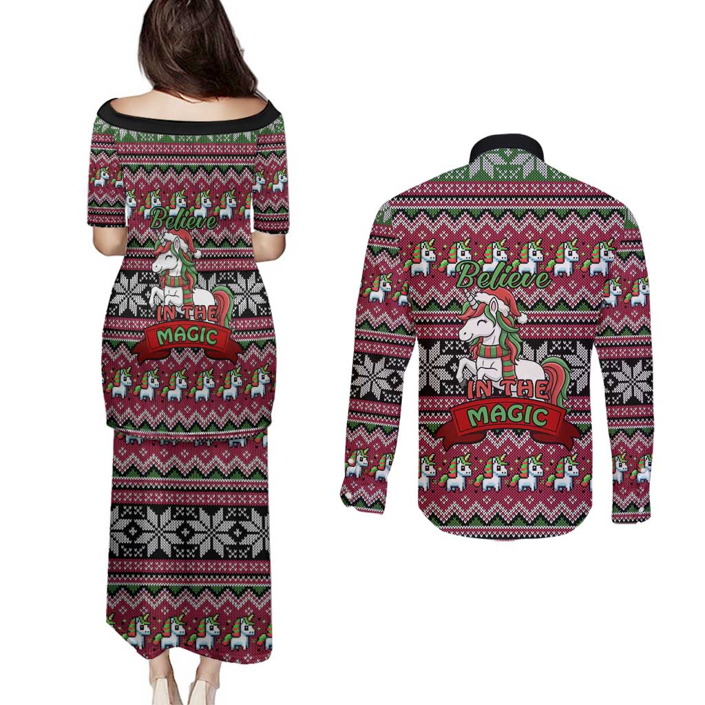 Unicorn Believe In The Magic Christmas Couples Matching Puletasi and Long Sleeve Button Shirt Xmas Holiday Patterns - Wonder Print Shop
