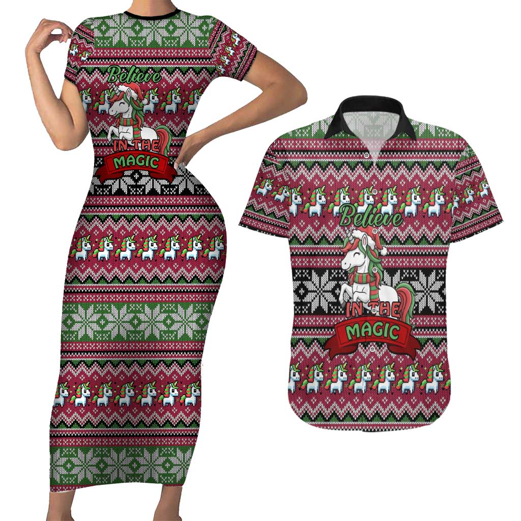 Unicorn Believe In The Magic Christmas Couples Matching Short Sleeve Bodycon Dress and Hawaiian Shirt Xmas Holiday Patterns - Wonder Print Shop