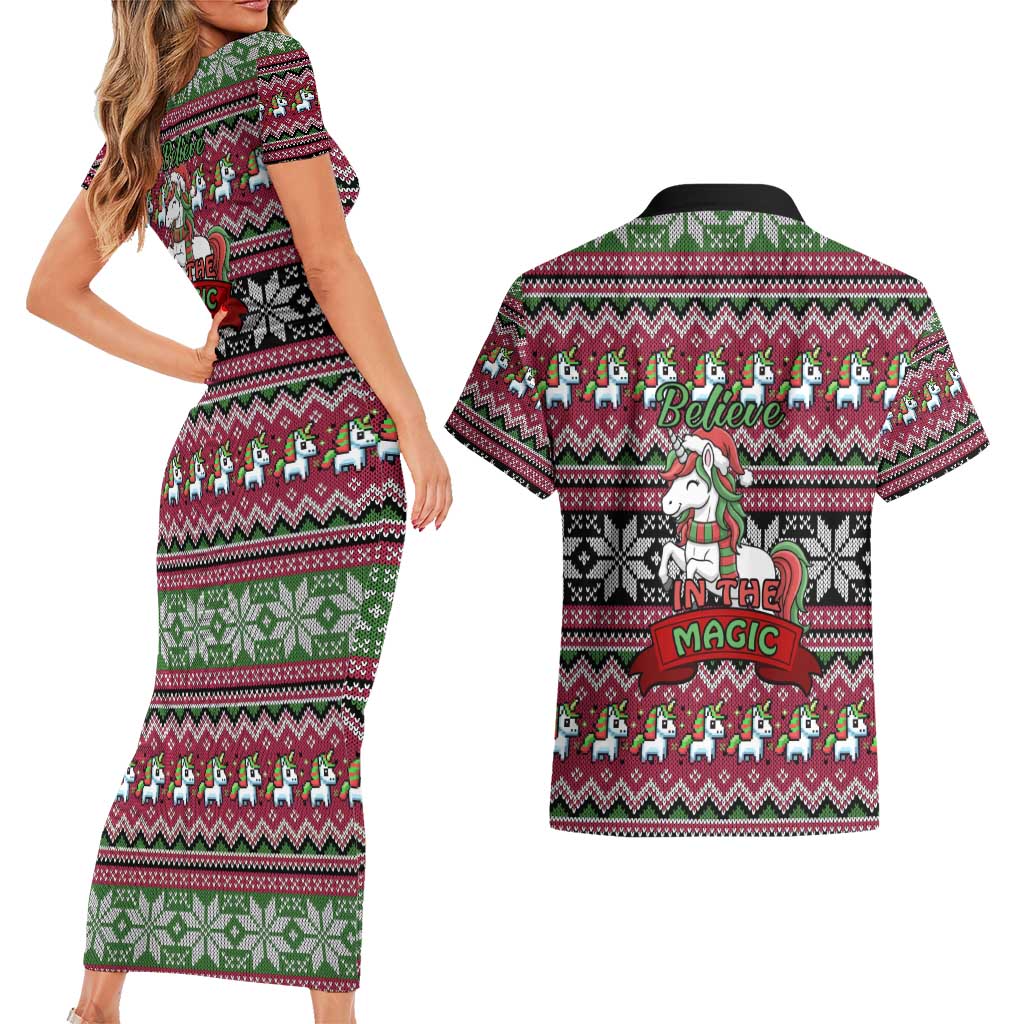 Unicorn Believe In The Magic Christmas Couples Matching Short Sleeve Bodycon Dress and Hawaiian Shirt Xmas Holiday Patterns - Wonder Print Shop