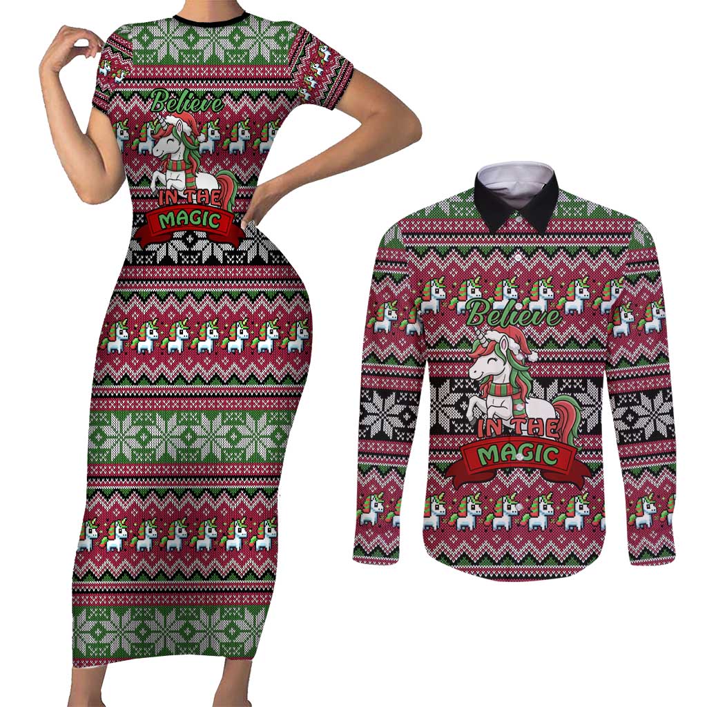 Unicorn Believe In The Magic Christmas Couples Matching Short Sleeve Bodycon Dress and Long Sleeve Button Shirt Xmas Holiday Patterns - Wonder Print Shop