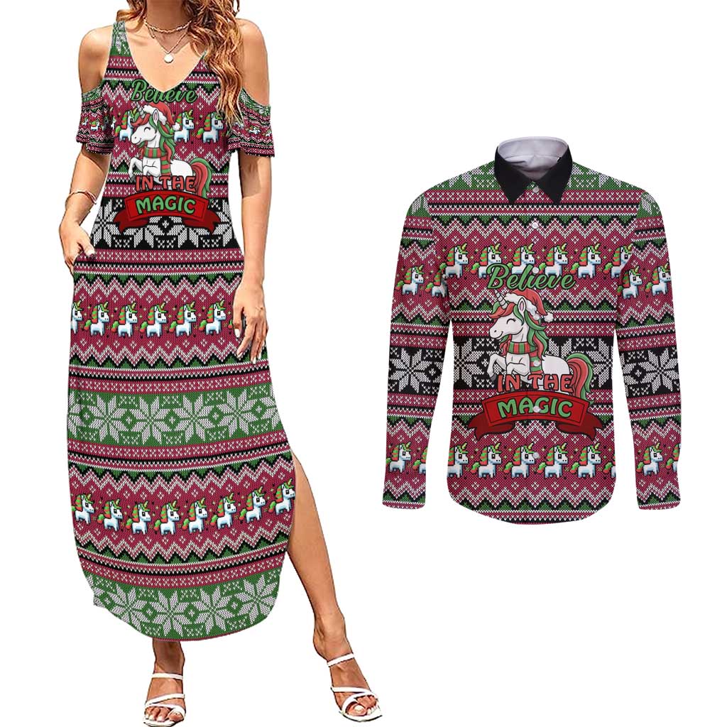 Unicorn Believe In The Magic Christmas Couples Matching Summer Maxi Dress and Long Sleeve Button Shirt Xmas Holiday Patterns - Wonder Print Shop