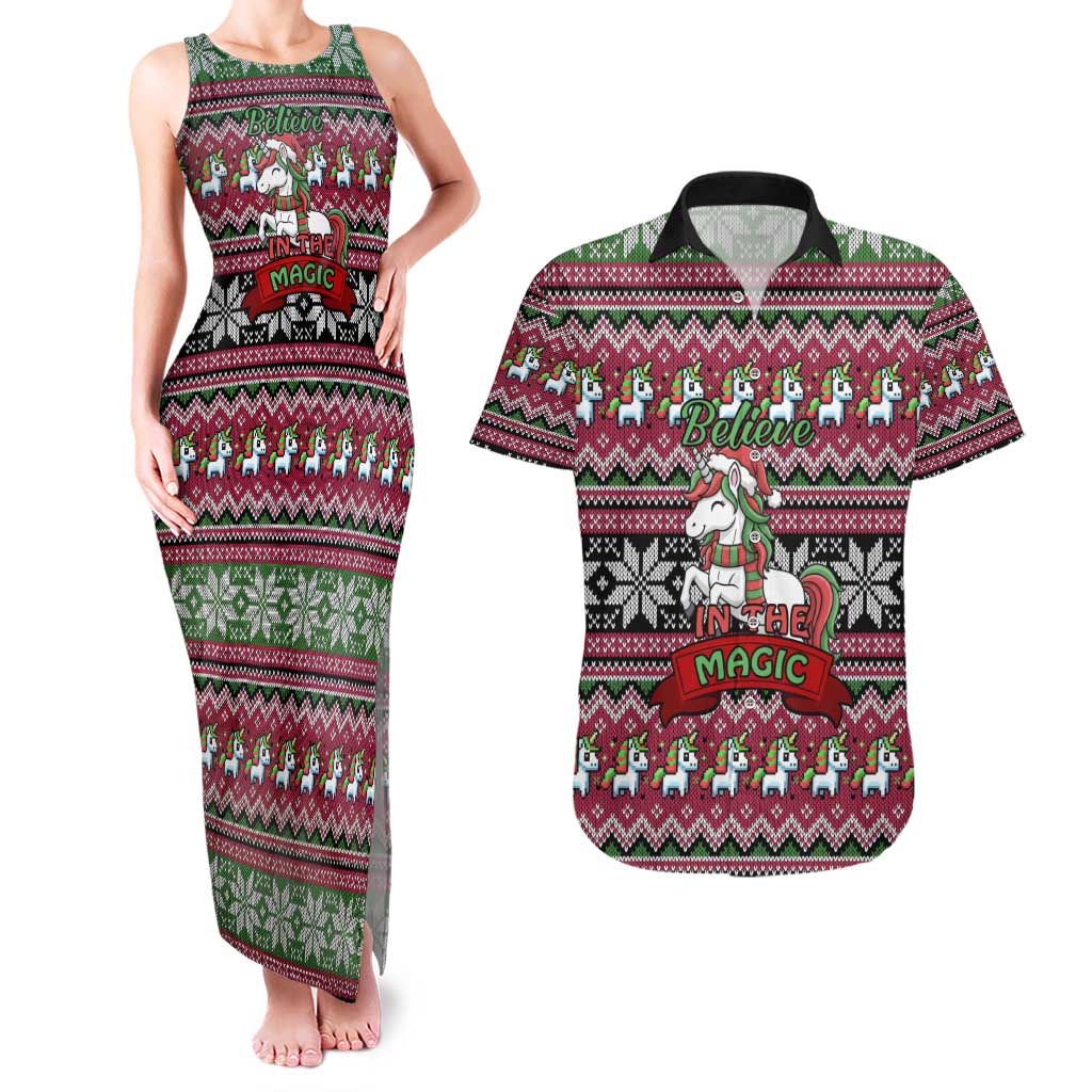 Unicorn Believe In The Magic Christmas Couples Matching Tank Maxi Dress and Hawaiian Shirt Xmas Holiday Patterns - Wonder Print Shop