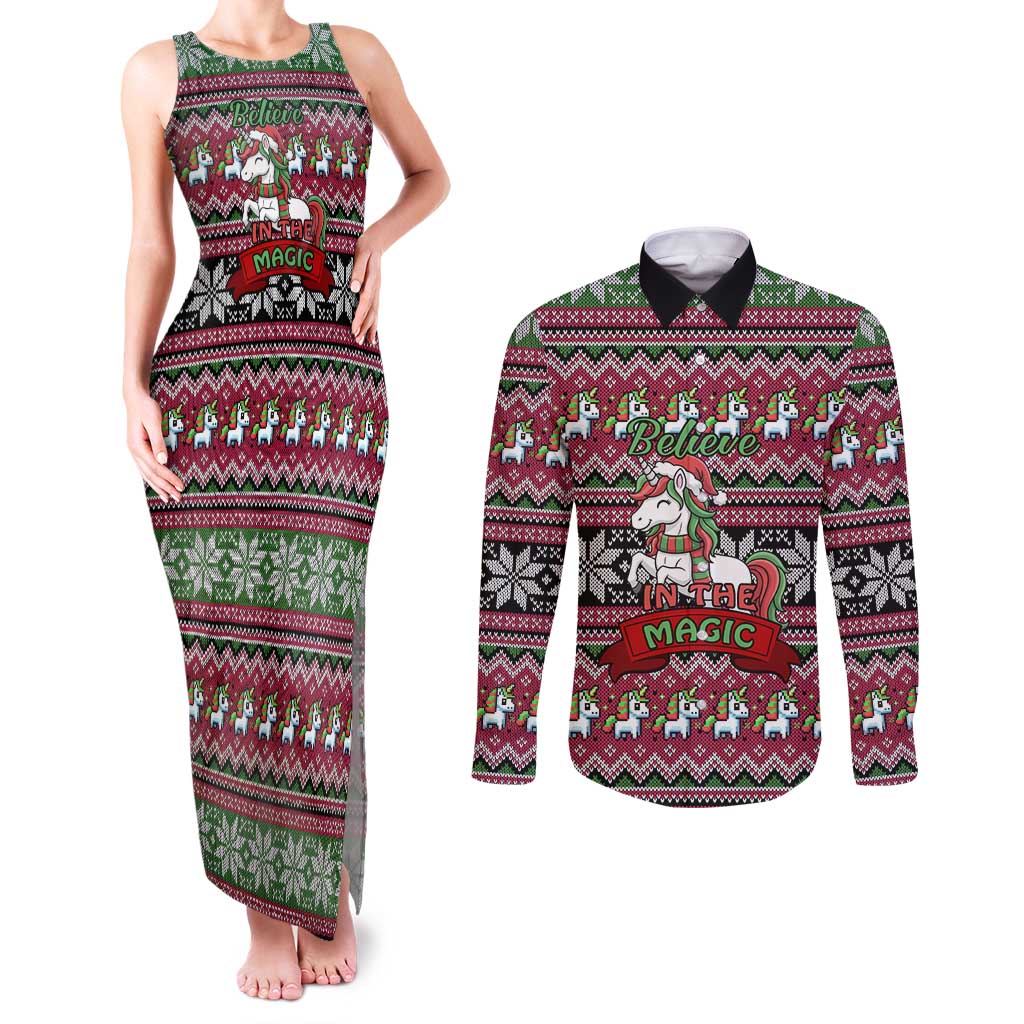 Unicorn Believe In The Magic Christmas Couples Matching Tank Maxi Dress and Long Sleeve Button Shirt Xmas Holiday Patterns - undefined