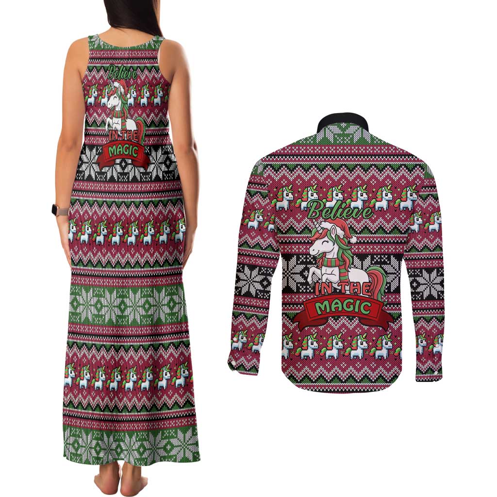 Unicorn Believe In The Magic Christmas Couples Matching Tank Maxi Dress and Long Sleeve Button Shirt Xmas Holiday Patterns - undefined