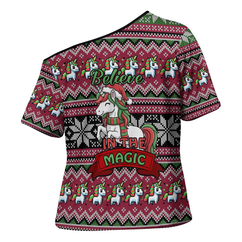 Unicorn Believe In The Magic Christmas Cross Shoulder Shirt Xmas Holiday Patterns - Wonder Print Shop