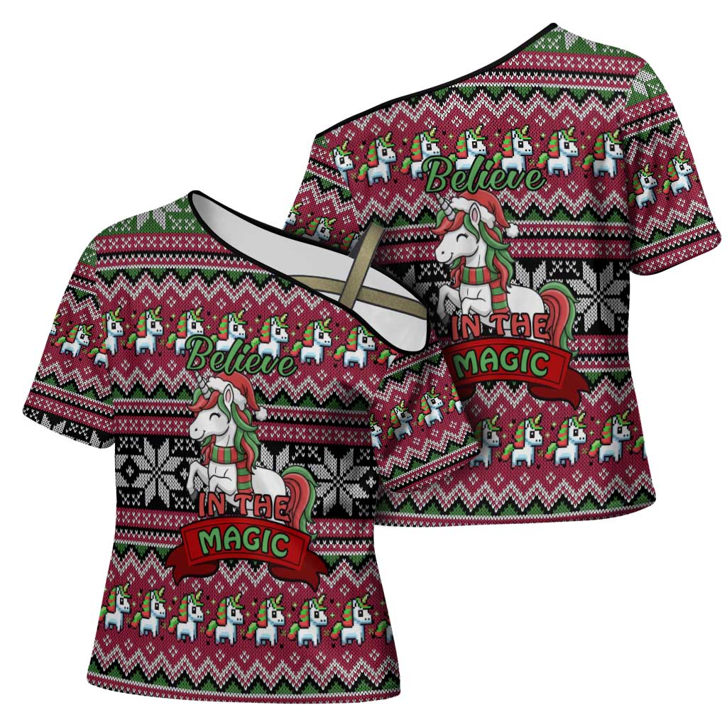 Unicorn Believe In The Magic Christmas Cross Shoulder Shirt Xmas Holiday Patterns - Wonder Print Shop