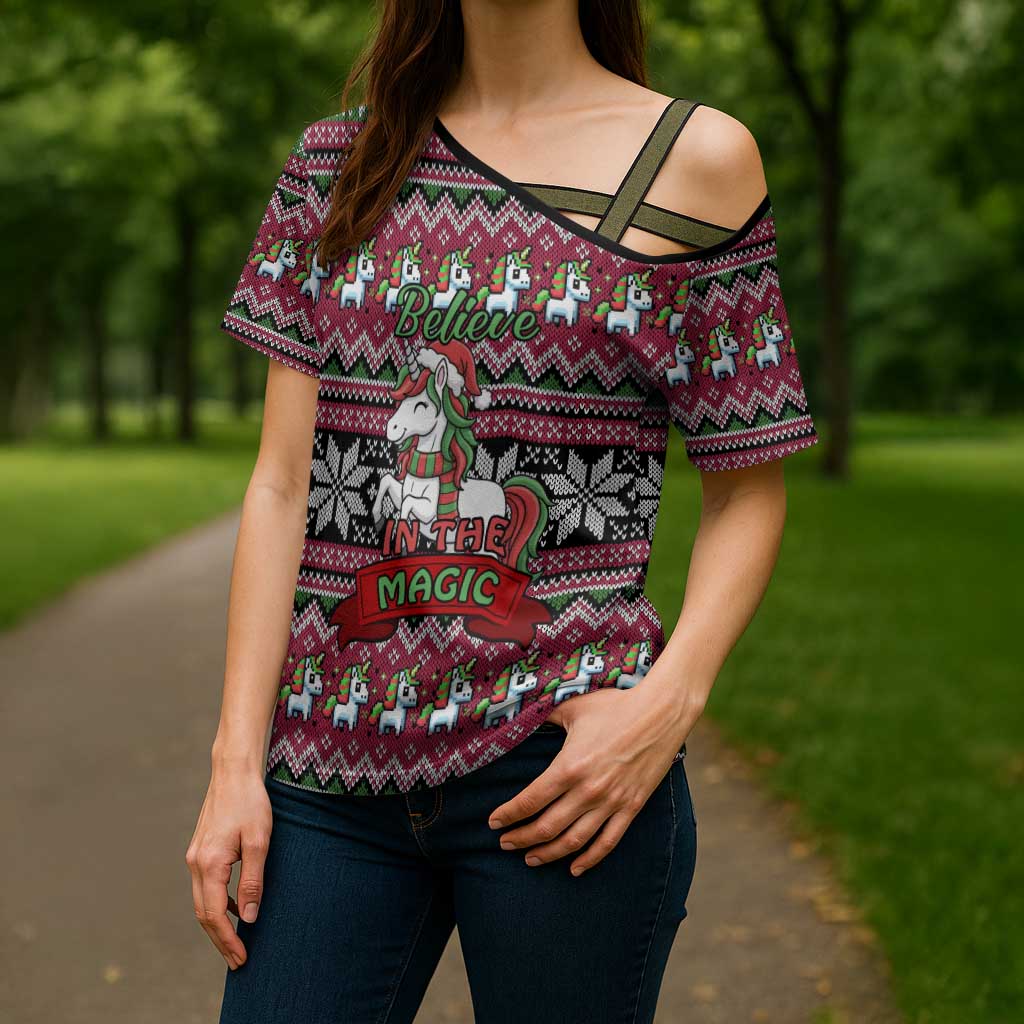 Unicorn Believe In The Magic Christmas Cross Shoulder Shirt Xmas Holiday Patterns - Wonder Print Shop
