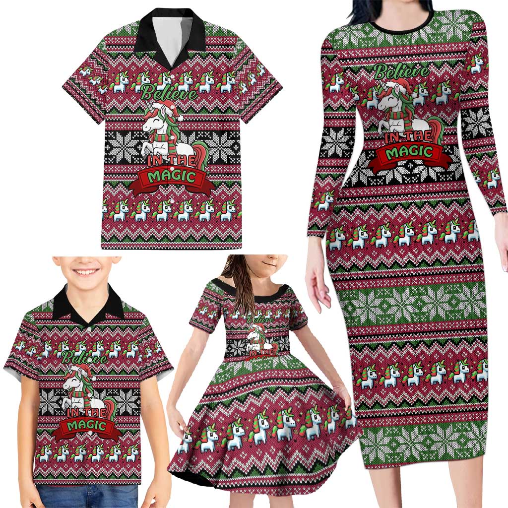 Unicorn Believe In The Magic Christmas Family Matching Long Sleeve Bodycon Dress and Hawaiian Shirt Xmas Holiday Patterns - Wonder Print Shop