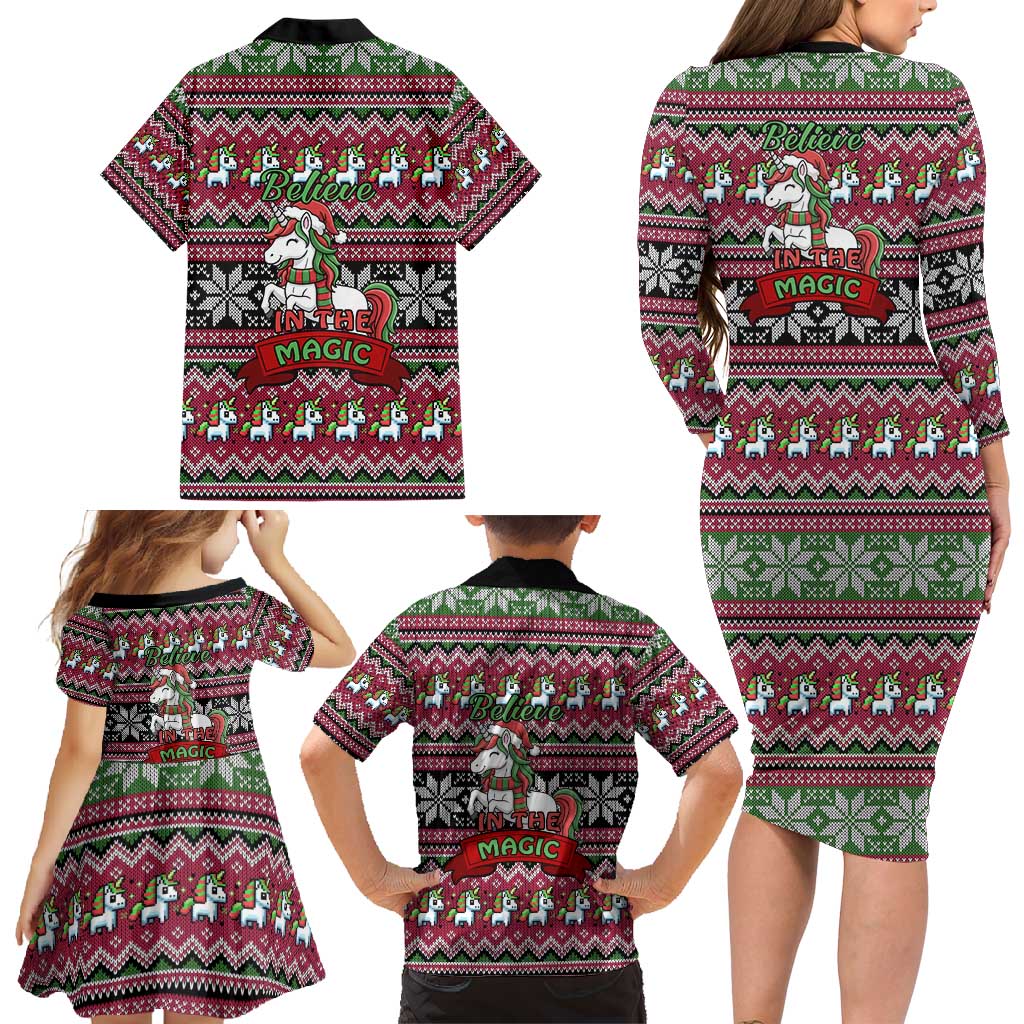 Unicorn Believe In The Magic Christmas Family Matching Long Sleeve Bodycon Dress and Hawaiian Shirt Xmas Holiday Patterns - Wonder Print Shop