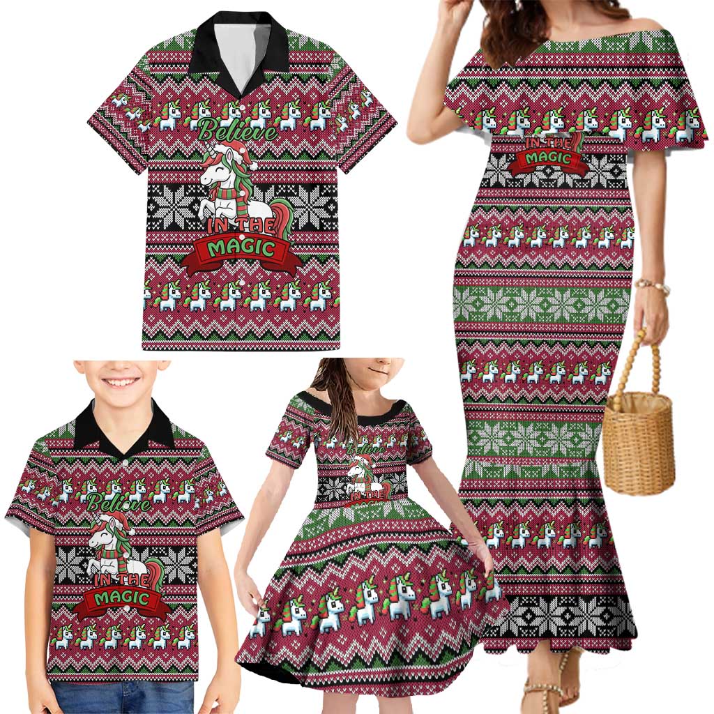 Unicorn Believe In The Magic Christmas Family Matching Mermaid Dress and Hawaiian Shirt Xmas Holiday Patterns - Wonder Print Shop