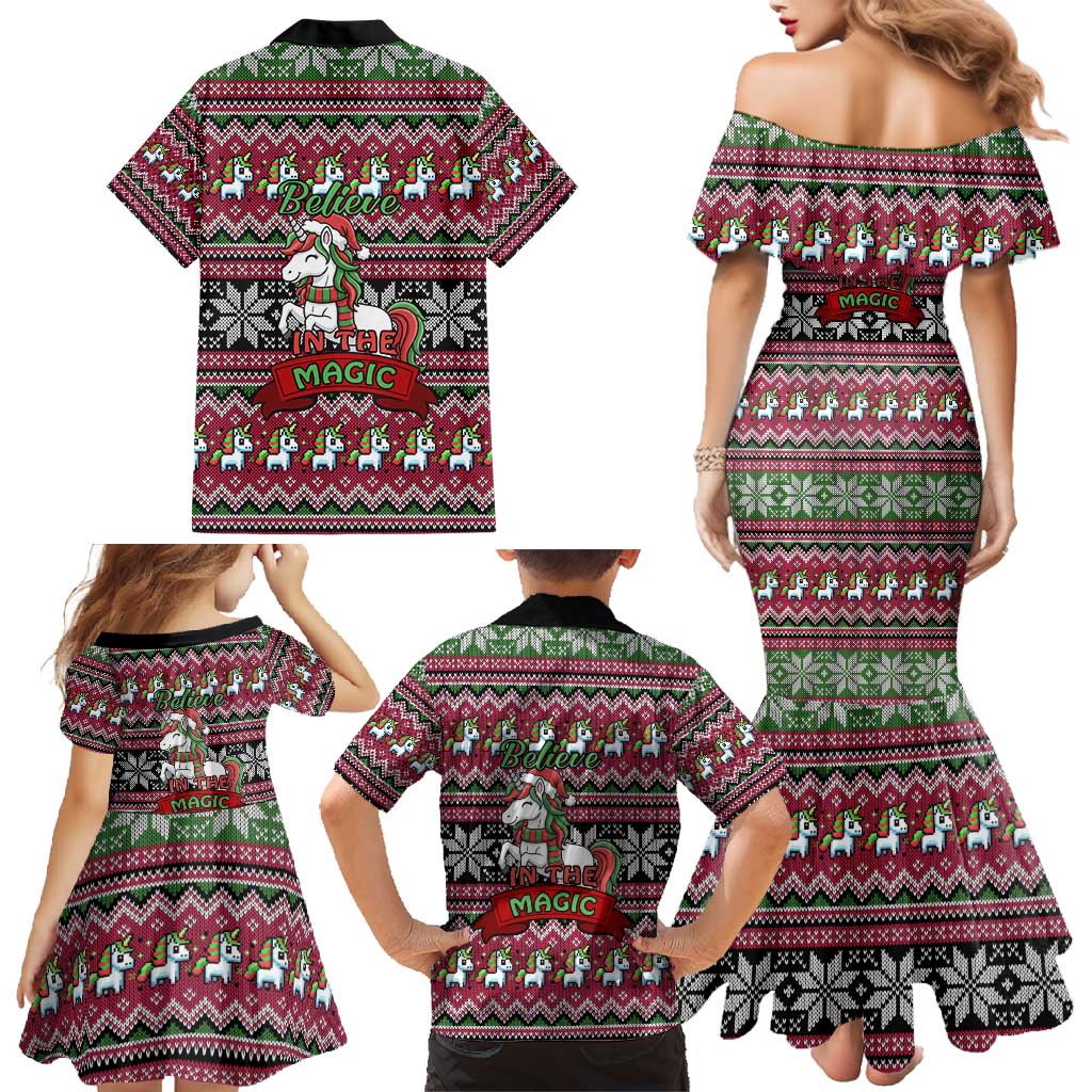 Unicorn Believe In The Magic Christmas Family Matching Mermaid Dress and Hawaiian Shirt Xmas Holiday Patterns - Wonder Print Shop