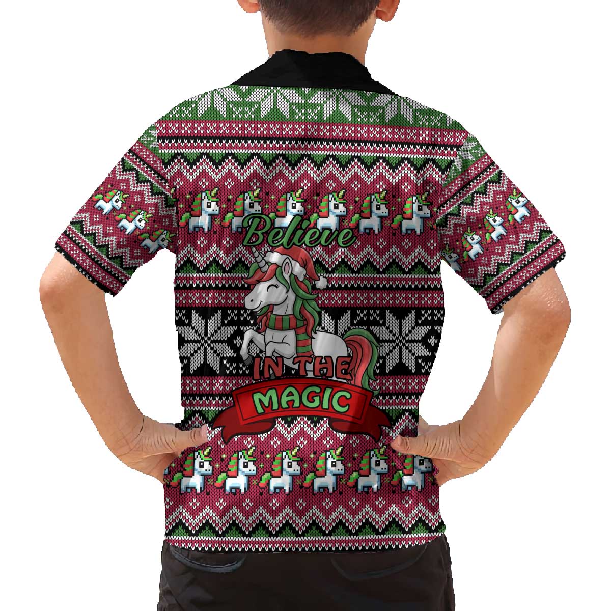 Unicorn Believe In The Magic Christmas Family Matching Off The Shoulder Long Sleeve Dress and Hawaiian Shirt Xmas Holiday Patterns - Wonder Print Shop