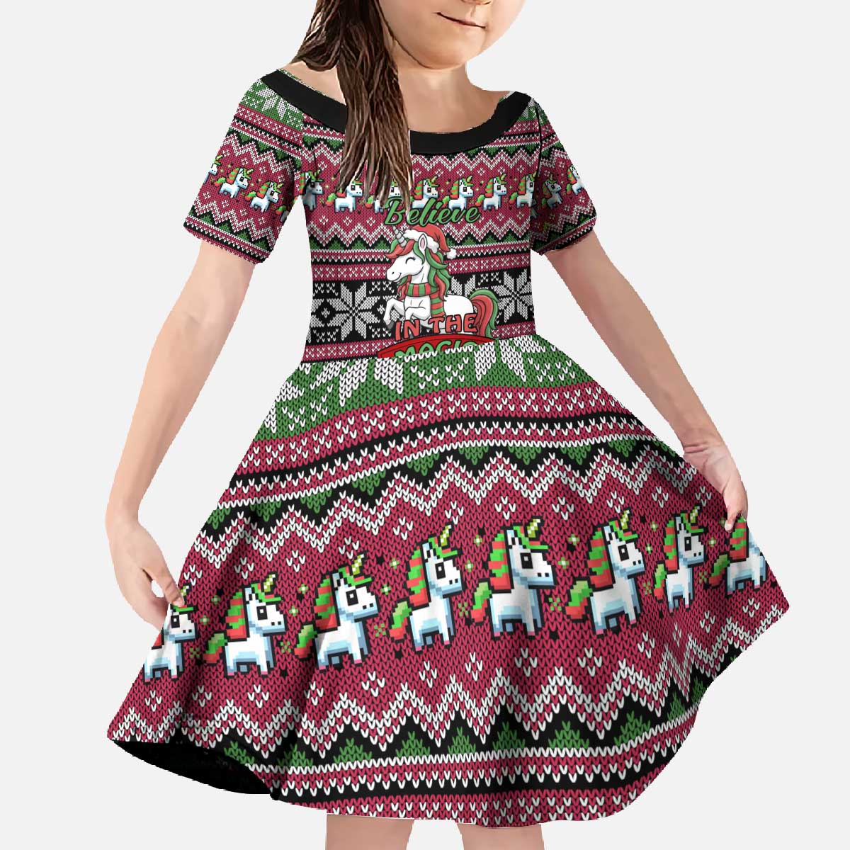 Unicorn Believe In The Magic Christmas Family Matching Off The Shoulder Long Sleeve Dress and Hawaiian Shirt Xmas Holiday Patterns - Wonder Print Shop