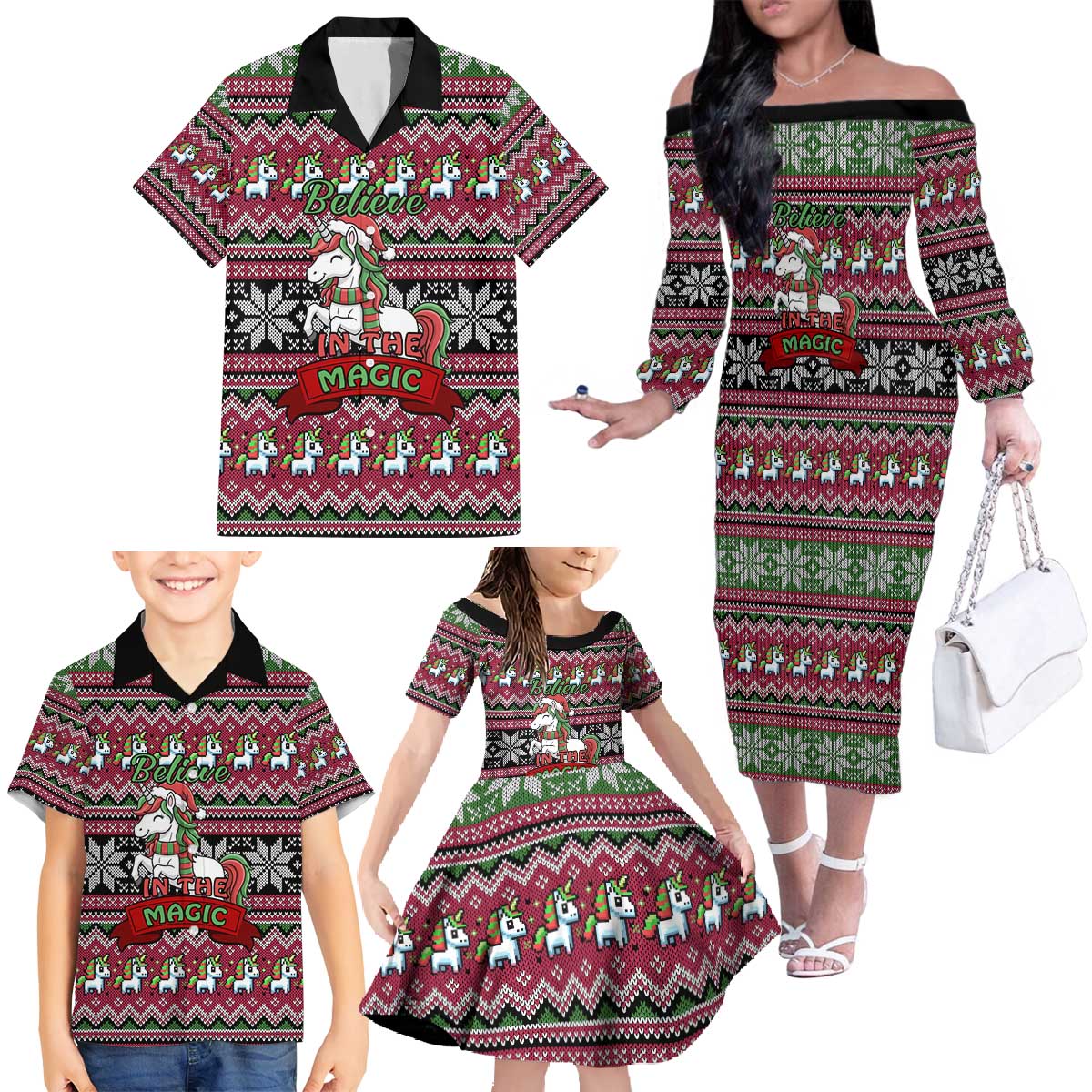 Unicorn Believe In The Magic Christmas Family Matching Off The Shoulder Long Sleeve Dress and Hawaiian Shirt Xmas Holiday Patterns - Wonder Print Shop