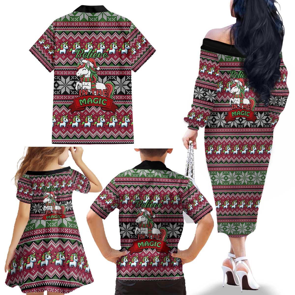Unicorn Believe In The Magic Christmas Family Matching Off The Shoulder Long Sleeve Dress and Hawaiian Shirt Xmas Holiday Patterns - Wonder Print Shop