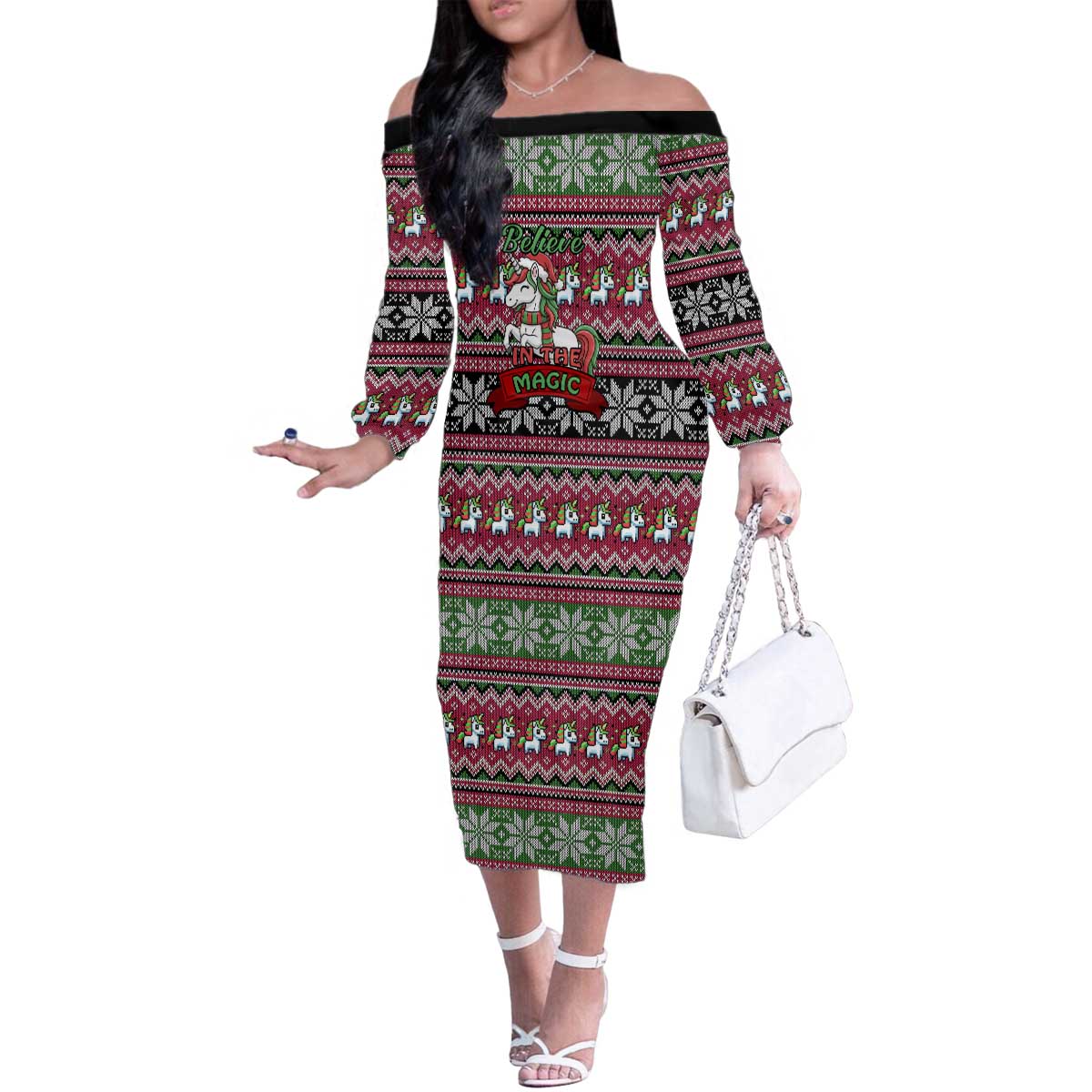 Unicorn Believe In The Magic Christmas Family Matching Off The Shoulder Long Sleeve Dress and Hawaiian Shirt Xmas Holiday Patterns - Wonder Print Shop