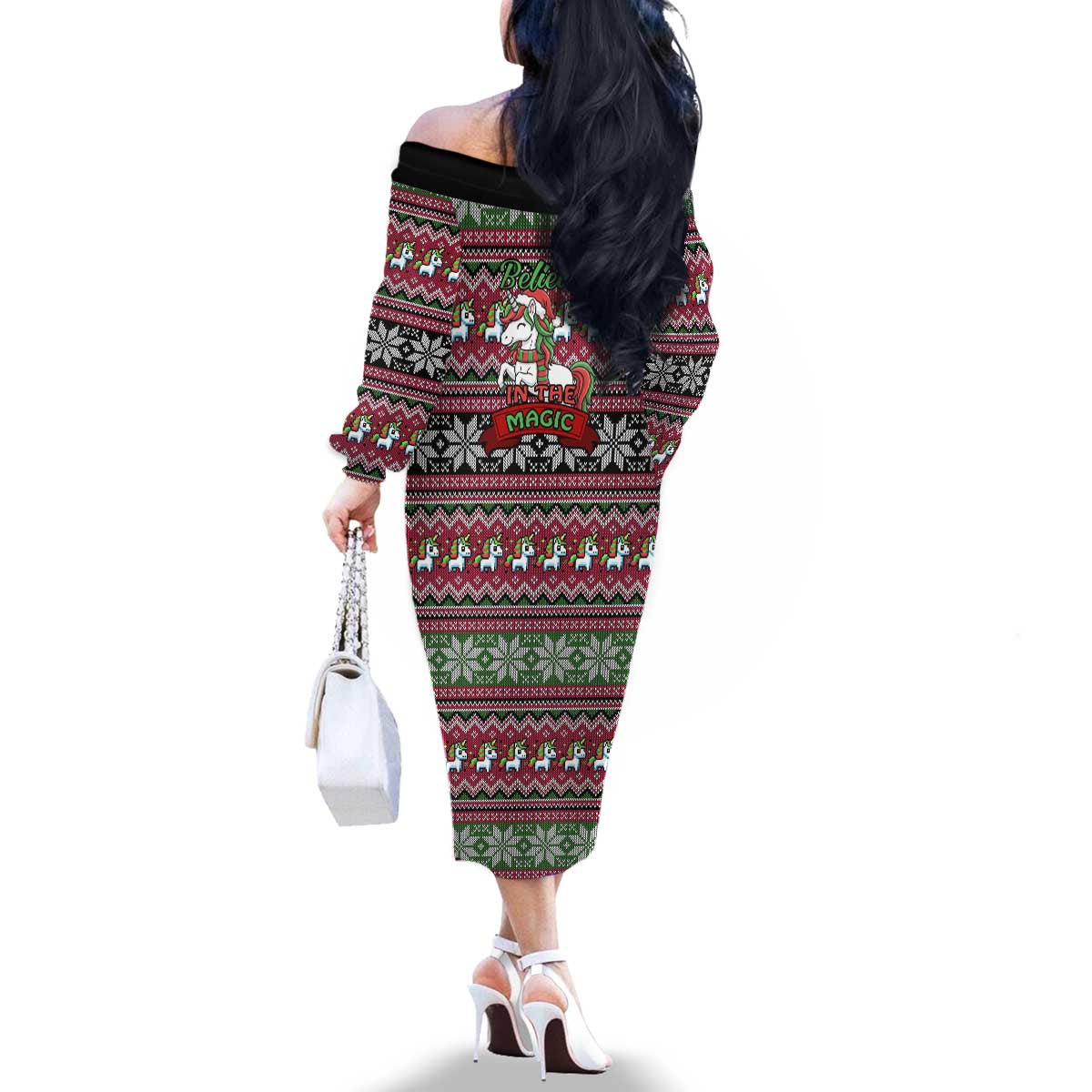 Unicorn Believe In The Magic Christmas Family Matching Off The Shoulder Long Sleeve Dress and Hawaiian Shirt Xmas Holiday Patterns - Wonder Print Shop