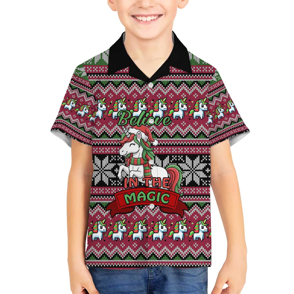 Unicorn Believe In The Magic Christmas Family Matching Off The Shoulder Long Sleeve Dress and Hawaiian Shirt Xmas Holiday Patterns - Wonder Print Shop