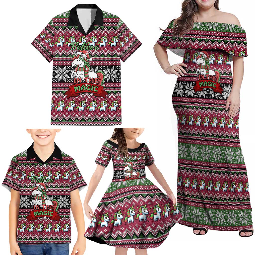 Unicorn Believe In The Magic Christmas Family Matching Off Shoulder Maxi Dress and Hawaiian Shirt Xmas Holiday Patterns - Wonder Print Shop