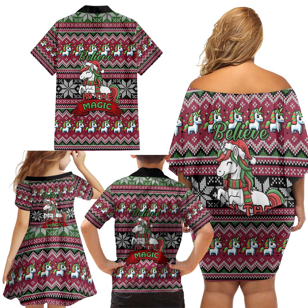 Unicorn Believe In The Magic Christmas Family Matching Off Shoulder Short Dress and Hawaiian Shirt Xmas Holiday Patterns - Wonder Print Shop