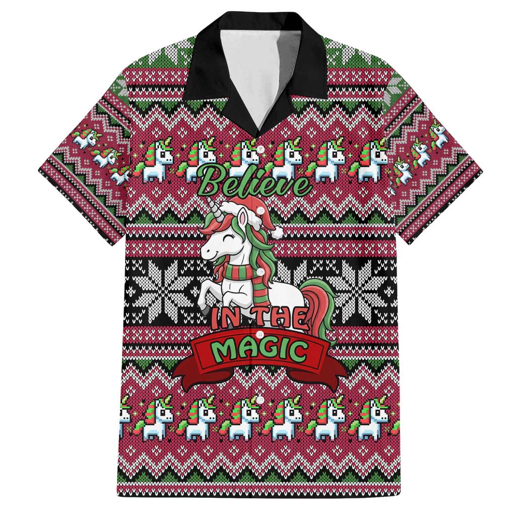 Unicorn Believe In The Magic Christmas Family Matching Off Shoulder Short Dress and Hawaiian Shirt Xmas Holiday Patterns - Wonder Print Shop