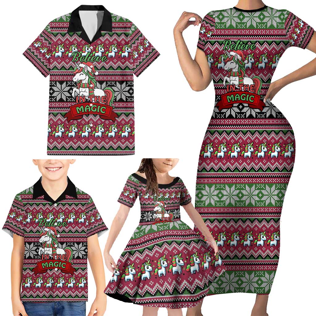 Unicorn Believe In The Magic Christmas Family Matching Short Sleeve Bodycon Dress and Hawaiian Shirt Xmas Holiday Patterns - Wonder Print Shop
