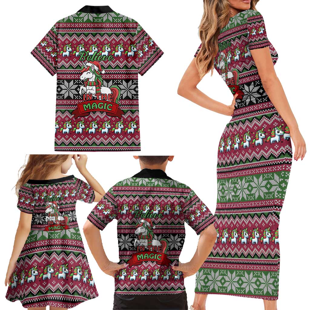 Unicorn Believe In The Magic Christmas Family Matching Short Sleeve Bodycon Dress and Hawaiian Shirt Xmas Holiday Patterns - Wonder Print Shop