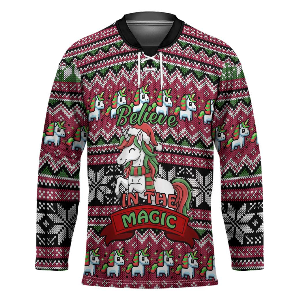 Unicorn Believe In The Magic Christmas Hockey Jersey Xmas Holiday Patterns - Wonder Print Shop