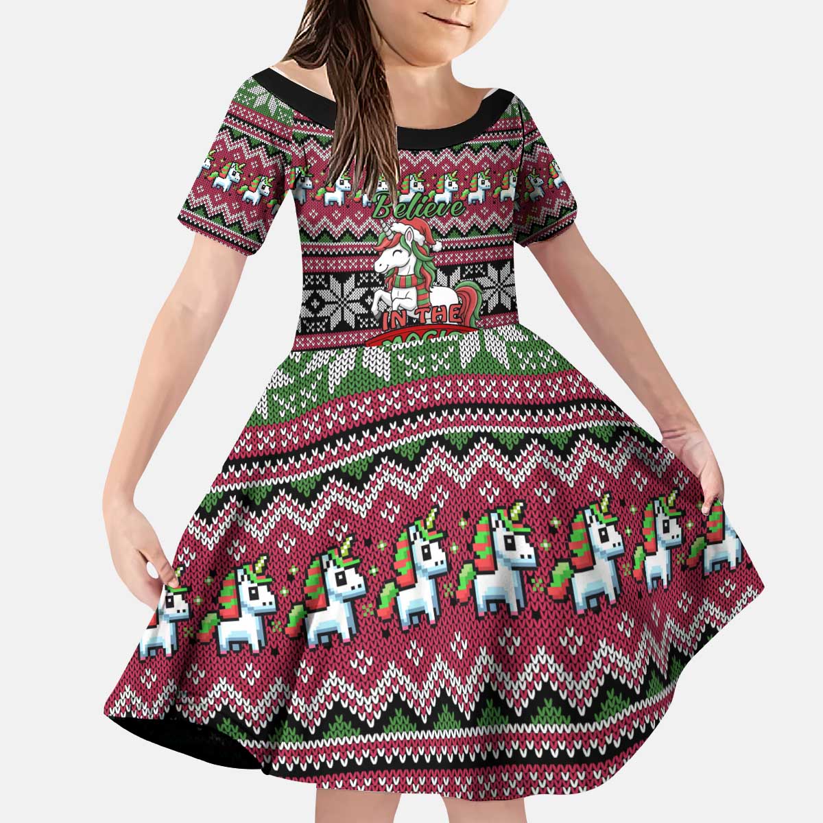 Unicorn Believe In The Magic Christmas Kid Short Sleeve Dress Xmas Holiday Patterns - Wonder Print Shop
