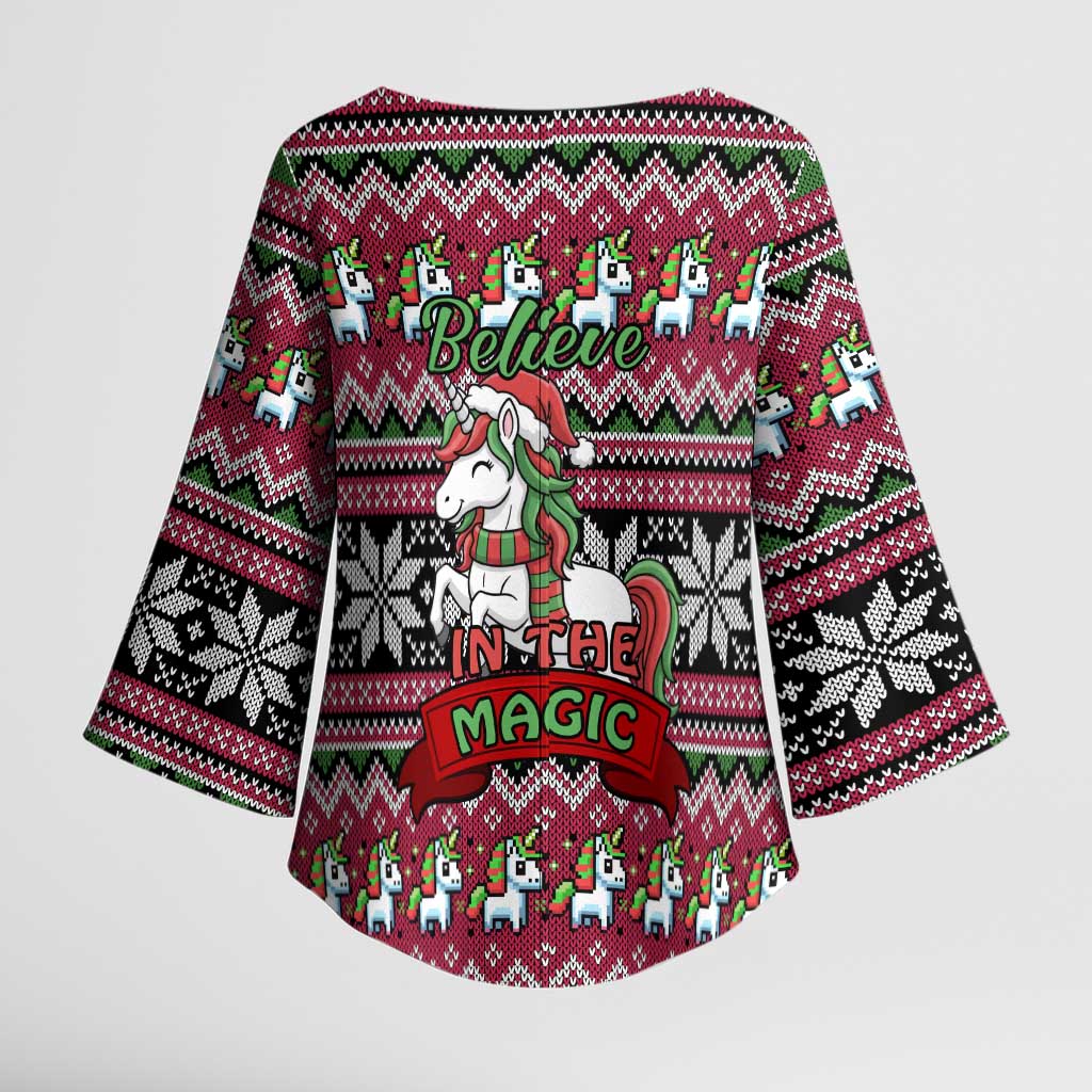 Unicorn Believe In The Magic Christmas Kimono Sleeve Blouse Xmas Holiday Patterns - Wonder Print Shop
