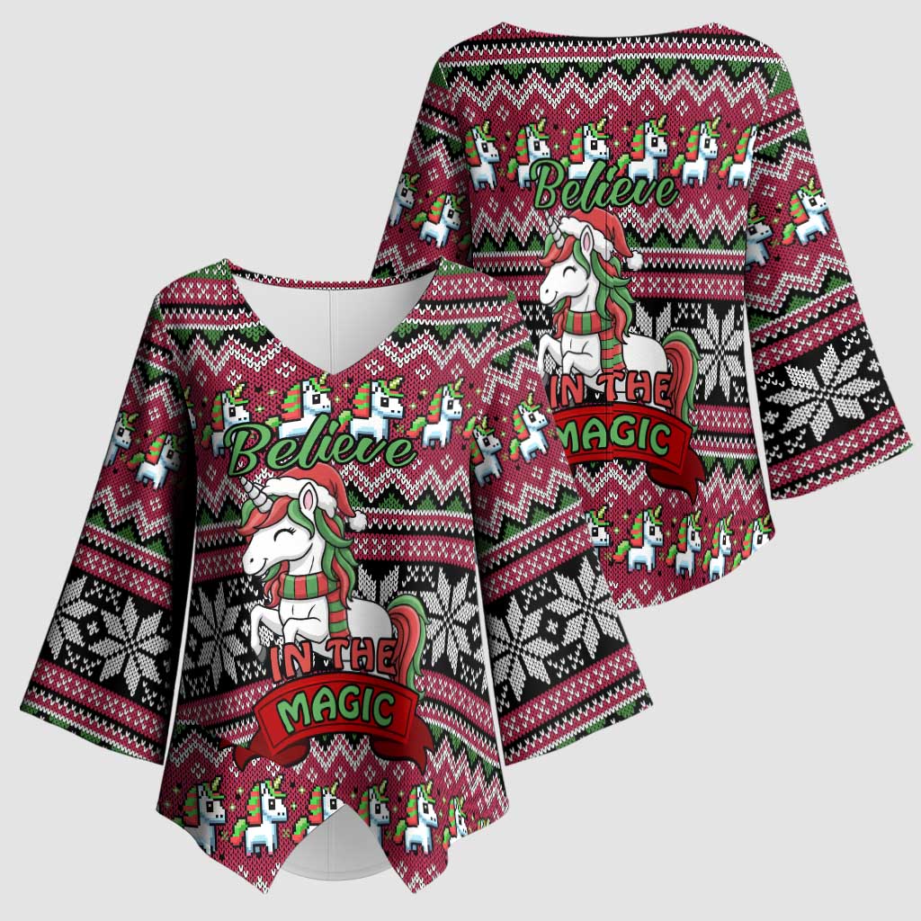 Unicorn Believe In The Magic Christmas Kimono Sleeve Blouse Xmas Holiday Patterns - Wonder Print Shop